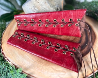 Faux Leather Bracers EXTRA SMALL Elven Cuffs dnd bright mauve red pleather Rounded Gauntlets Vanguards Cosplay Costume PAIR warrior fighter