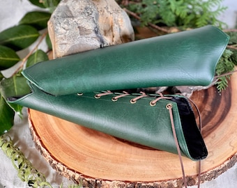 SMALL Forest Green Faux Leather pleather long pointy Bracers brass grommets brown laces (PAIR) vanguards gauntlets costume armor sorceress