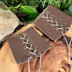 Faux Leather Cuffs LARGE brown pleather Bracers Brass Grommets and brown Lace Gauntlets Vanguards Cosplay Costume (PAIR) tribal burning man