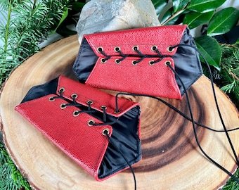 Leather Bracers MEDIUM blood red short pointy black laces nickle Cuffs Gauntlets Cosplay Costume (PAIR) dnd dungeons and dragons larping dnd
