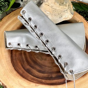 Vinyl Bracers MEDIUM silver Rounded Long Gauntlets gray laces Cuffs Cosplay Costume (PAIR) dungeons and dragons larp super hero renaissance