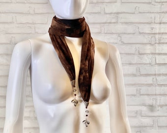 62” inch long brown topaz beaded scarf with silver leaf details | artistic fashion | avant garde | poly blend stretch