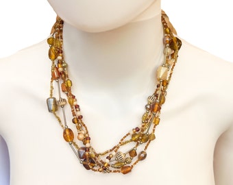 Vintage 5 strand beaded amber gold natural colors 19 to 21 inch Necklace | boho hippie | Cream and Gold necklace glass beads