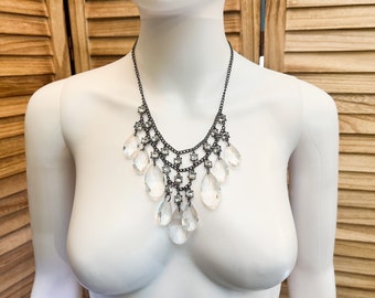 Vintage silver toned and clear translucent chandelier style Statement Necklace | 18" | lavalliere Bib necklace