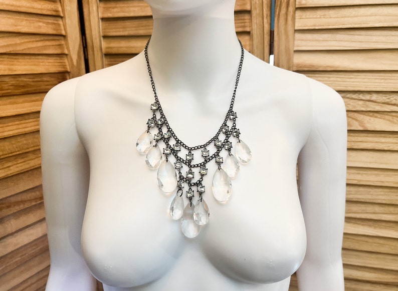 Vintage silver toned and clear translucent chandelier style Statement Necklace 18 lavalliere Bib necklace image 1