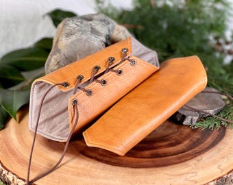 SMALL Faux beige Deer Hide Leather Pleather Short Pointy Brass Grommet (PAIR) renaissance cosplay vanguards gauntlets armor cuffs fairie