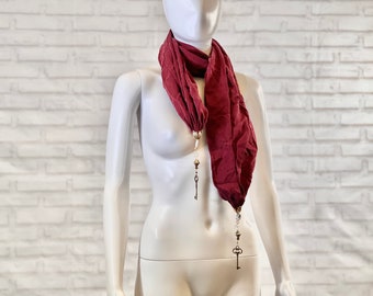 61” inch long Red Mauve beaded scarf with metal key details | artistic fashion | avant garde | poly blend