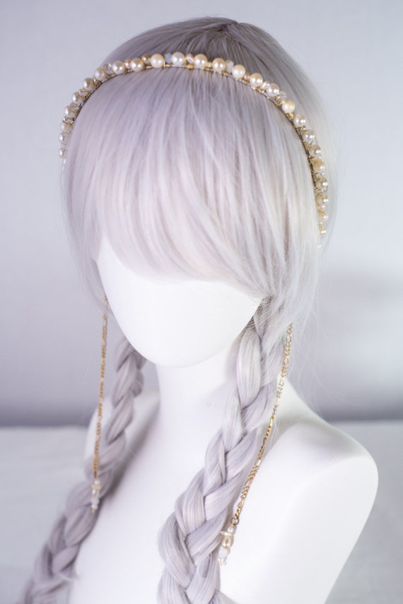 Ivory Pearl Beaded Gold Toned Long Dangle Headband | Perfect  display picture 1
