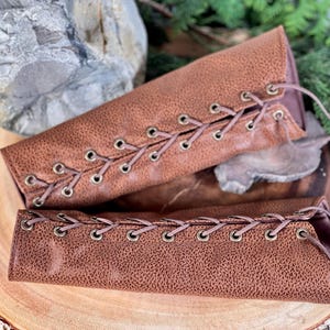 SMALL brown faux leather suede pleather rounded Bracers cuff brass grommets brown laces (PAIR) elven armor vanguards renaissance costume