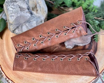 SMALL brown faux leather suede pleather rounded Bracers cuff brass grommets brown laces (PAIR) elven armor vanguards renaissance costume