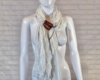 77 by 37 inch long heat textured soft white scarf with rustic brown lace up holder ring slide buckle pin clip | cotton blend unusual gift