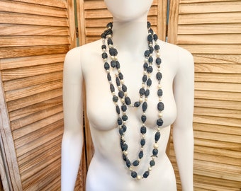 SUPER LONG recycled denim bead faux pearl necklace 108" inches Extra Long Statement Wrap Necklace beaded made with recycled jeans USA