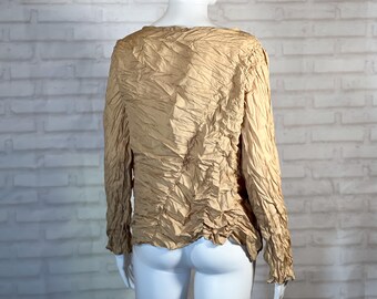 MEDIUM Beige Tan Neutral Crinkle Stretch Broomstick Pleated Plisse Tunic | Textured Blouse Shirt | Pullover Avant Garde 80s 90s Y2K Top