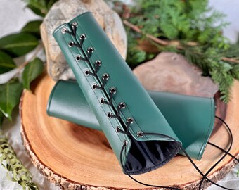 SMALL Teal Green faux leather pleather rounded Bracers cuff brass grommets black laces (PAIR) elven armor vanguards renaissance costume