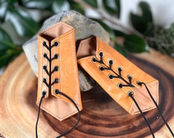 Faux Leather Bracers EXTRA SMALL tan beige light brown deer hide pleather Short Pointy Cuffs Gauntlets Vanguards Cosplay Costume (PAIR)