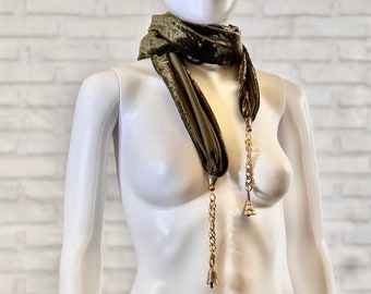 76” inch long olive green beaded scarf with metal vintage bells | artistic fashion | avant garde | poly blend stretch knit crushed velvet
