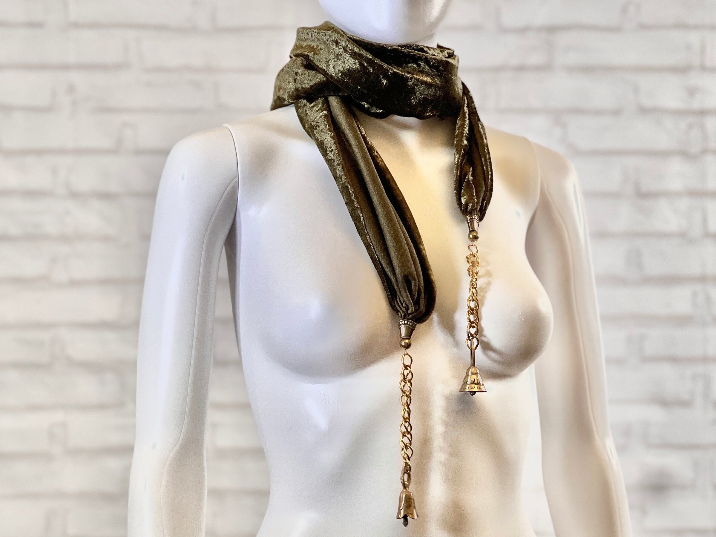 76” inch long olive green beaded scarf with metal vintage bells | artistic fashion | avant garde | poly blend stretch knit crushed velvet