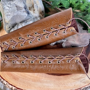 SMALL brown floral faux leather pleather rounded Bracers cuff brass grommets brown laces (PAIR) elven armor vanguards renaissance costume