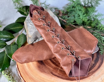 SMALL Brown Faux Leather Suede pleather long pointy Bracers brass grommets brown laces (PAIR) vanguards gauntlets costume armor sorceress