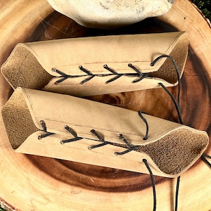 Leather Cuffs MEDIUM Beige Tan Rounded Long Bracers black lace Gauntlets Cosplay Costume (PAIR) renaissance archery archer barbarian larping