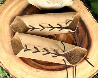 Leather Cuffs MEDIUM Beige Tan Rounded Long Bracers black lace Gauntlets Cosplay Costume (PAIR) renaissance archery archer barbarian larping