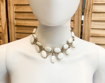 Vintage white and gold toned elven style choker 14 to 17 inch Long Necklace | large glass beads wire wrapped