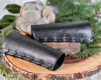 SMALL black faux leather pleather bracers cuffs black laces brass grommets (PAIR) armor dnd dungeons and dragons larping renaissance gothic