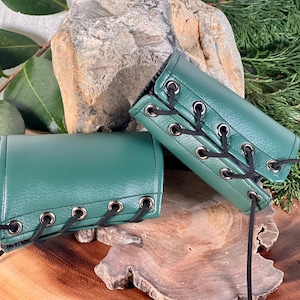 SMALL teal green faux leather pleather cuffs black laces brass grommets (PAIR) armor dnd dungeons and dragons larping renaissance bracers