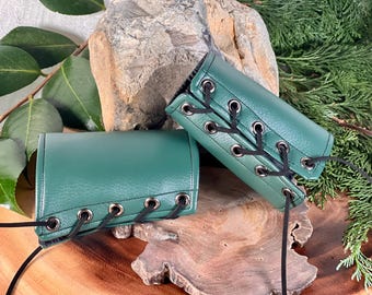 SMALL teal green faux leather pleather cuffs black laces brass grommets (PAIR) armor dnd dungeons and dragons larping renaissance bracers