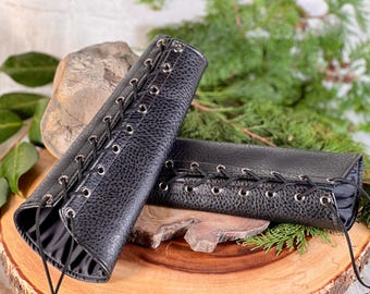SMALL Black faux leather pleather rounded Bracers cuff brass grommets black laces (PAIR) elven armor vanguards renaissance costume