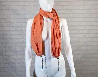 71 by 24 inch long orange gold turquoise beaded scarf shawl | artistic fashion | avant garde | cotton blend | boho lightweight jewelry
