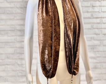 65” inch long brown topaz beaded scarf with green jasper details | artistic fashion | avant garde | poly blend stretch knit crushed velvet