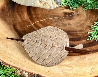 Tan Beige Brown Burned Leather Alder Leaf Shaped Hair Stick Barrette | Hair Pin | Shawl Scarf Pin | Fascinator | Naturalist Hair Piece
