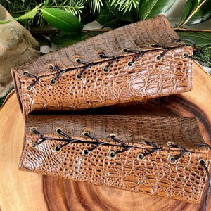 Faux Leather Bracers LARGE Brown Pleather snake skin Brass Grommets Lace Cuffs Gauntlets Vanguards Cosplay Costume (PAIR) elven armor druid