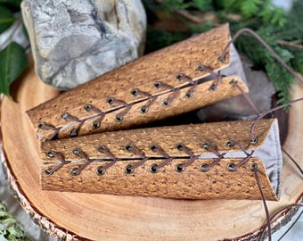 SMALL brown faux ostrich leather pleather rounded Bracers cuff brass grommets brown laces (PAIR) elven armor vanguards renaissance costume