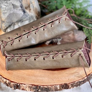 SMALL olive green leather rounded Bracers cuff brass grommets brown laces (PAIR) elven armor vanguards renaissance costume