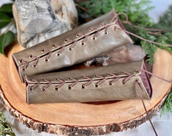 SMALL olive green leather rounded Bracers cuff brass grommets brown laces (PAIR) elven armor vanguards renaissance costume