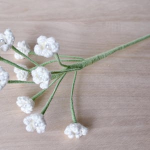May include: A bouquet of white crocheted flowers with pearl centers on green stems.
