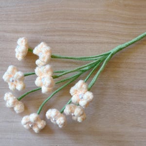 May include: A bouquet of delicate, crocheted flowers in a pale peach color with white centers. The flowers are attached to green stems and arranged in a fan shape.