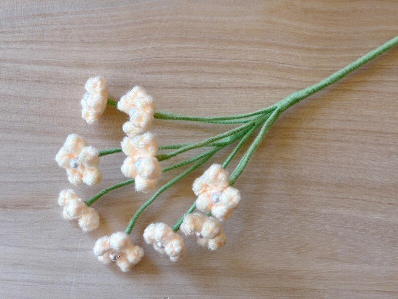 May include: A bouquet of delicate, crocheted flowers in a pale peach color with white centers. The flowers are attached to green stems and arranged in a fan shape.
