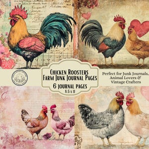 Pareja de gallinas y gallos de acuarela roja de granja vintage, descarga digital, diseño rústico de corazón de granja, estilo campestre, papel para álbum de recortes para manualidades de San Valentín