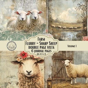 Stampa di pecore vintage, download digitale, sfondo di diario spazzatura, arte murale in stile fattoria, corona floreale, animali da fattoria, arredamento rustico per la casa, arte in stile cottage