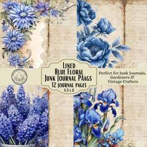Papel de carta com estampa botânica azul, design floral vintage, download digital para escritório, páginas de diário, modelo com linhas e flor de hortênsia