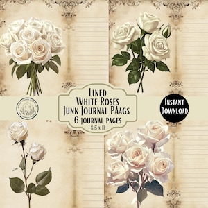 Pagine di diario con fodera di rose bianche / Rose vintage digitali stampabili su carta invecchiata / Bellissimo album floreale stampabile per il diario