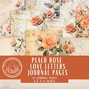 Papier floral pêche en téléchargement numérique, kit de fournitures d'artisanat, fond de journal numérique, roseraie vintage, impression botanique vintage élégante
