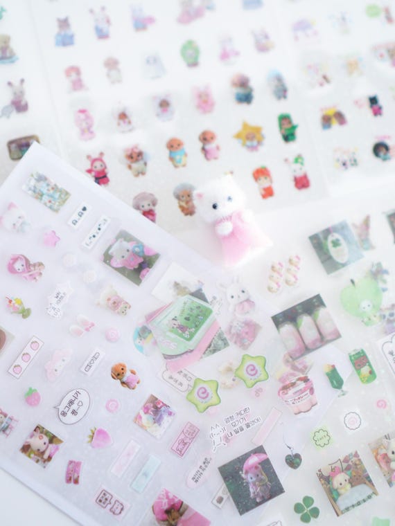 Retro Forest Calico Cuties Y2K Sticker Sheet Japan Cutecore Emoji Holographic Glittery Clear Sticker for Journaling Scrapbook Planner Decor