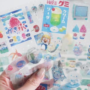 Hoja de pegatinas de la era Showa del festival de verano de Japón, pegatinas holográficas retro con forma de trébol, pez dorado, Bingsu, para decoración de álbumes de recortes, diarios y planificadores
