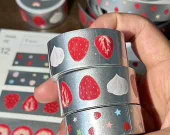 Strawberry Whipped Cream & Stars Silver Foil Washi Tape Kawaii Stationery for Journaling Scrapbook Art Project Sticker Decor [Cut Sample]