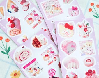 Könnte beinhalten: Ein Set mit sechs rosa Hello-Kitty-Stickerbögen mit verschiedenen Bildern von Hello Kitty, Kuchen, Gebäck und anderen Desserts. Die Sticker eignen sich perfekt zum Dekorieren von Planern, Tagebüchern und anderen Gegenständen.