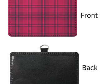 Pink Plaid Sublimated ID Badge Holder | Pink Tartan Name Tag Sleeve | Work ID Card Case for Nurses, Teachers, Office Staff
